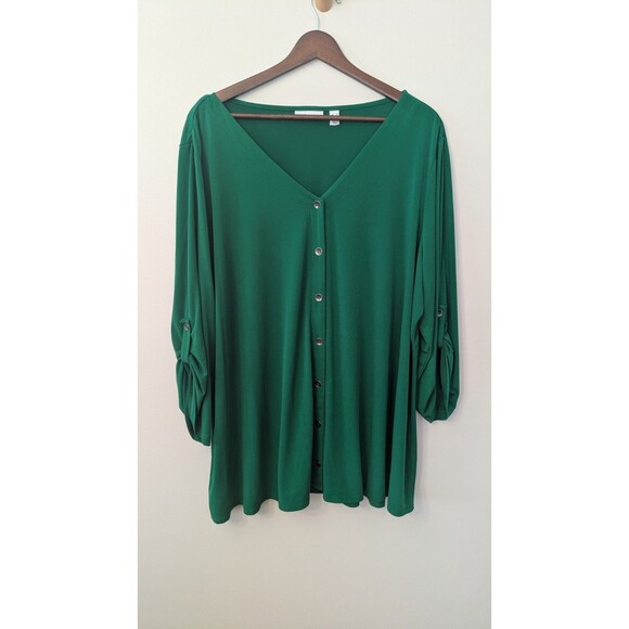 Susan Graver Liquid Knit Top 3X Green Button Up Holiday Stretch Roll Tab - Picture 1 of 9